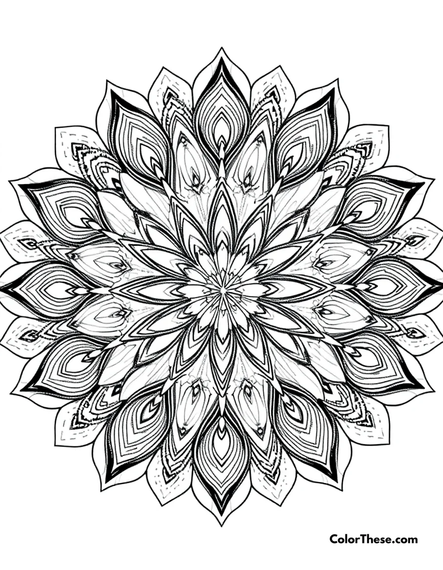 Free printable peacock mandala with feather patterns coloring page for kids and adults. A mandala featuring peacock feather-inspired patterns.