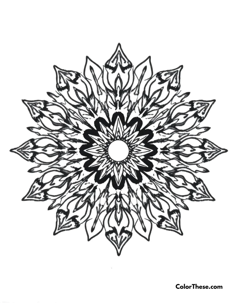 Free printable phoenix mandala with fire patterns coloring page for kids and adults. A mandala featuring phoenix-inspired fire patterns.