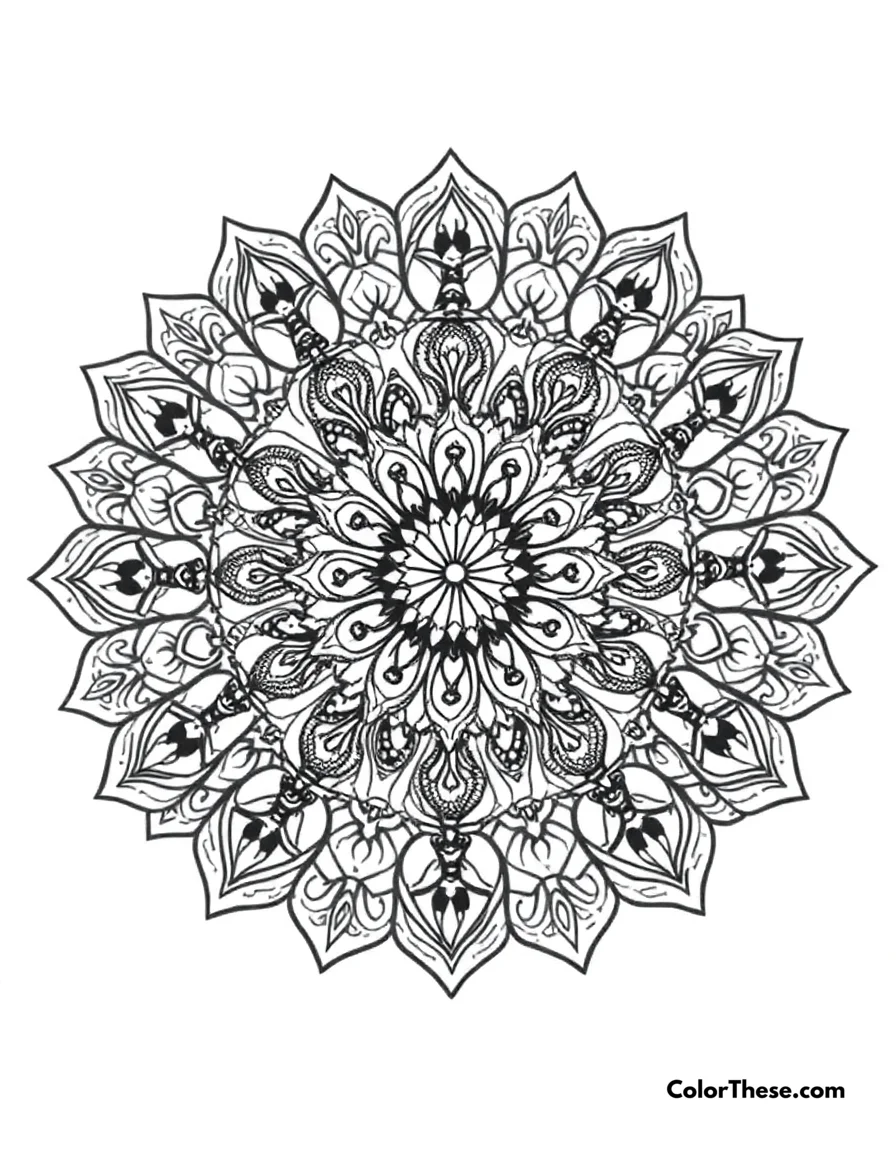 Free printable snake mandala with coiled patterns coloring page. A mandala featuring snake-inspired coiled patterns.