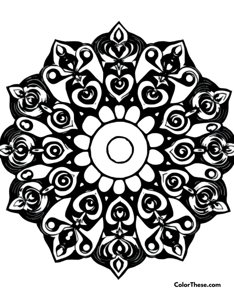 Free printable spiral mandala with swirling patterns coloring page for kids and adults. A mandala featuring swirling spiral patterns.