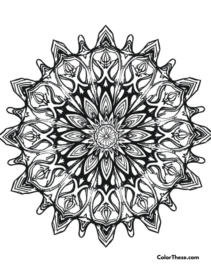 Free printable star mandala with intricate patterns coloring page. A mandala featuring star-shaped patterns with intricate details.
