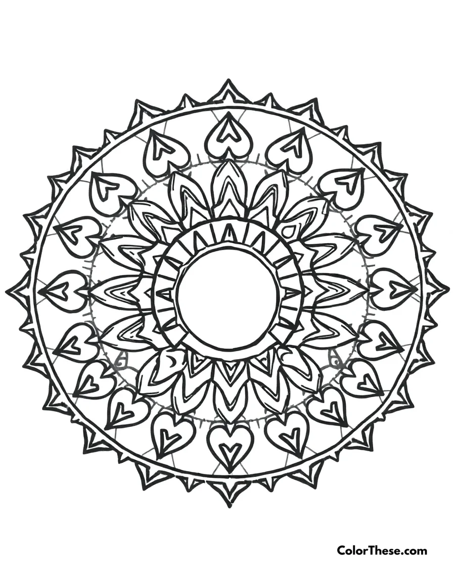 Free printable sun and moon mandala with dual patterns coloring page for kids and adults. A mandala featuring sun and moon-inspired patterns.