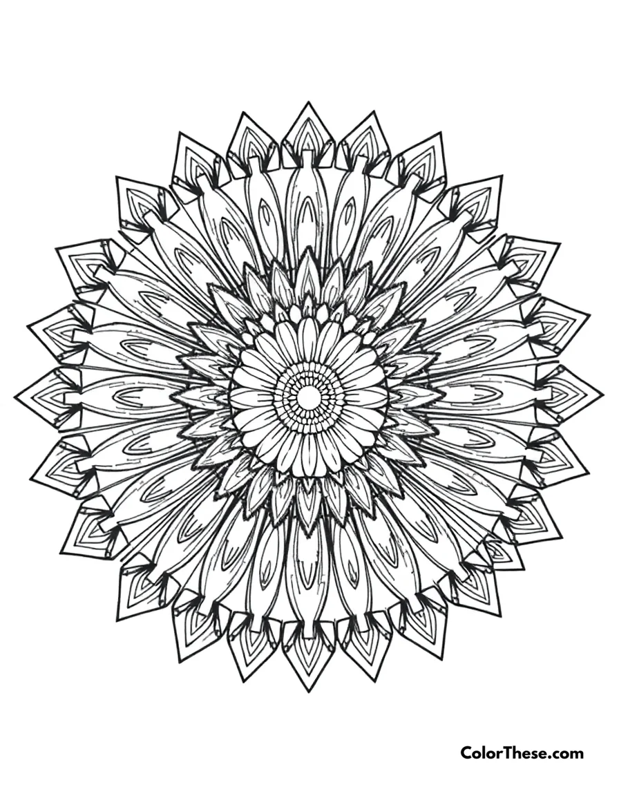 Free printable sunburst mandala with rays coloring page for kids and adults. A mandala featuring a sunburst design with radiating rays.