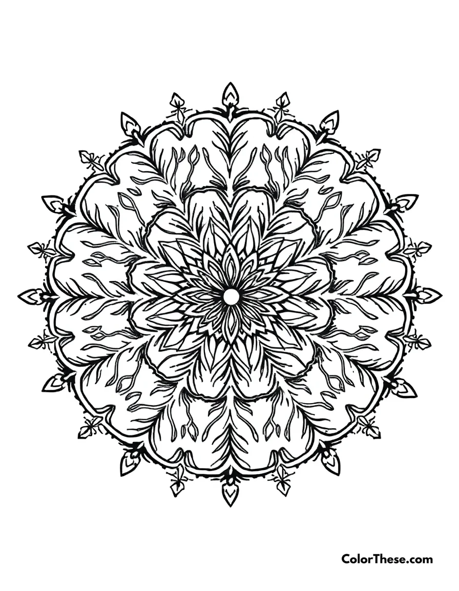 Free printable tree of life mandala with branch patterns coloring page for kids and adults. A mandala featuring tree branch-inspired patterns.