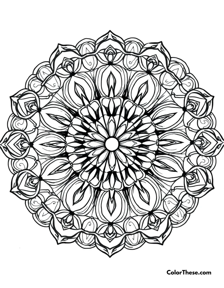 Free printable turtle mandala with shell patterns coloring page. A mandala featuring turtle-inspired shell patterns.