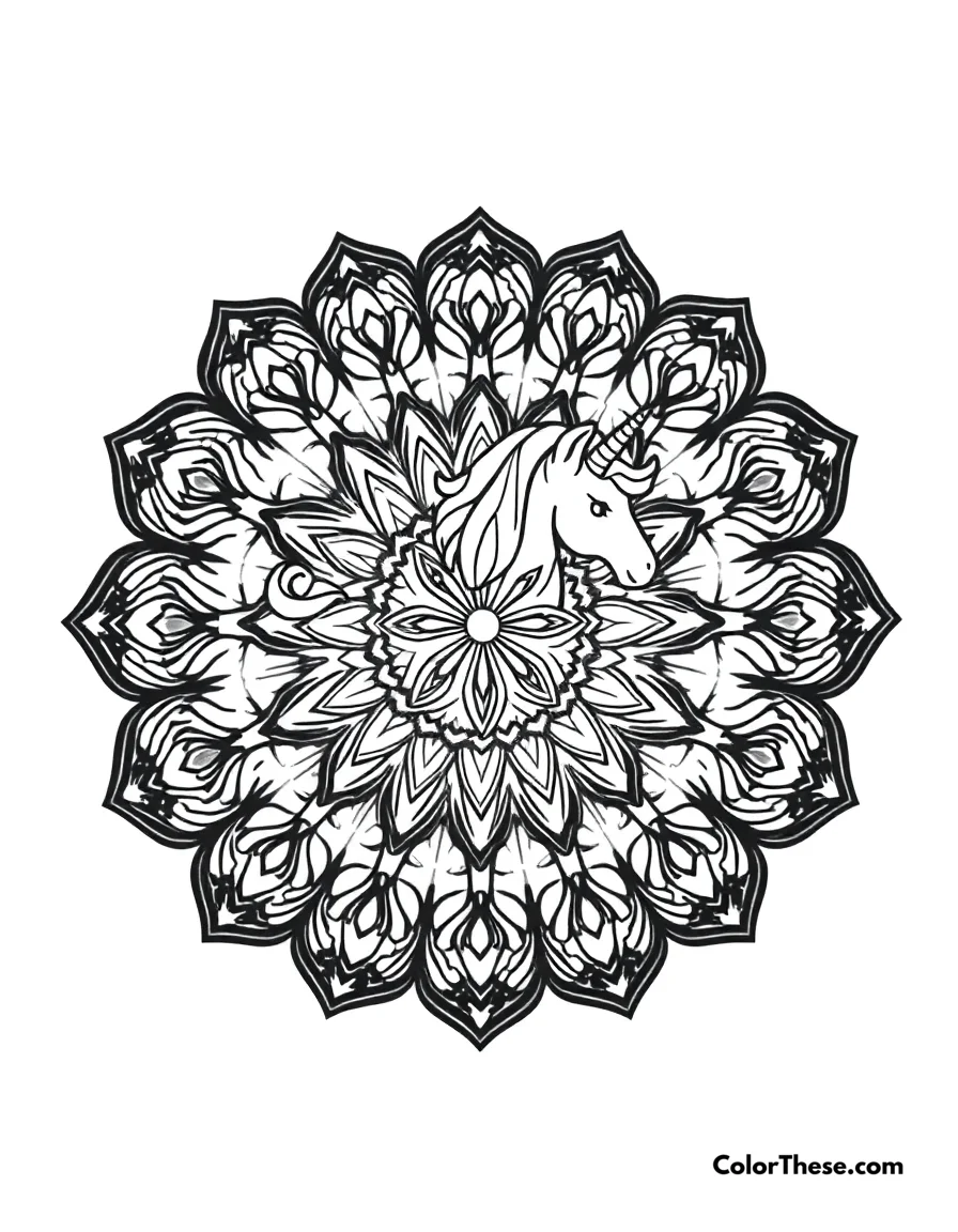 Free printable unicorn mandala with magical patterns coloring page. A mandala featuring unicorn-inspired magical patterns.