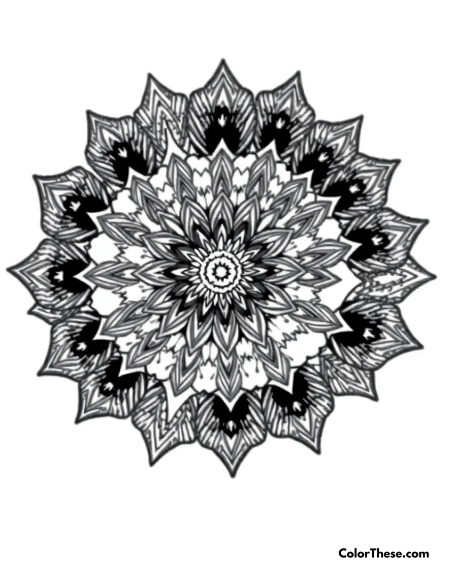 Free printable wolf mandala with fur patterns coloring page for kids and adults. A mandala featuring wolf-inspired fur patterns.