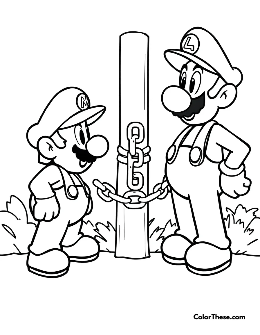 Free printable mario and luigi with a chain chomp coloring page for kids and adults. Mario and Luigi (Mario) facing a Chain Chomp tied to a post.