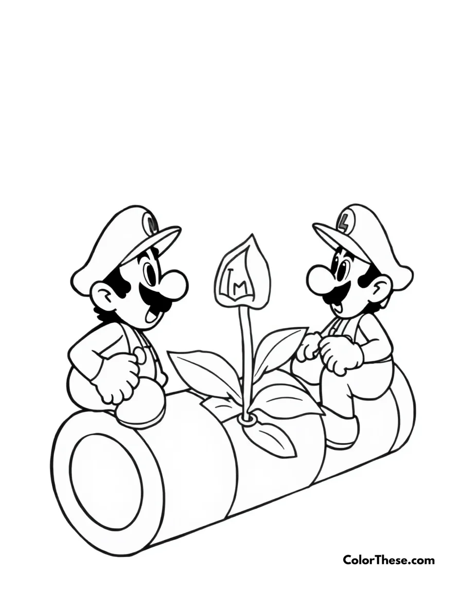 Free printable mario and luigi with a piranha plant coloring page for kids and adults. Mario and Luigi (Mario) facing a Piranha Plant in a pipe.