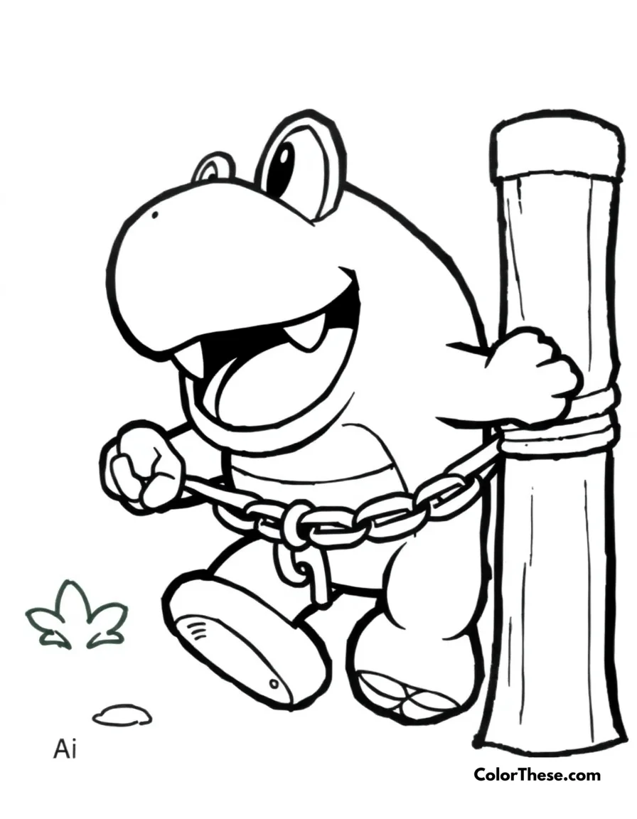 Free printable chain chomp on a post coloring page for kids and adults. Chain Chomp (Mario) tied to a post, ready to break free.