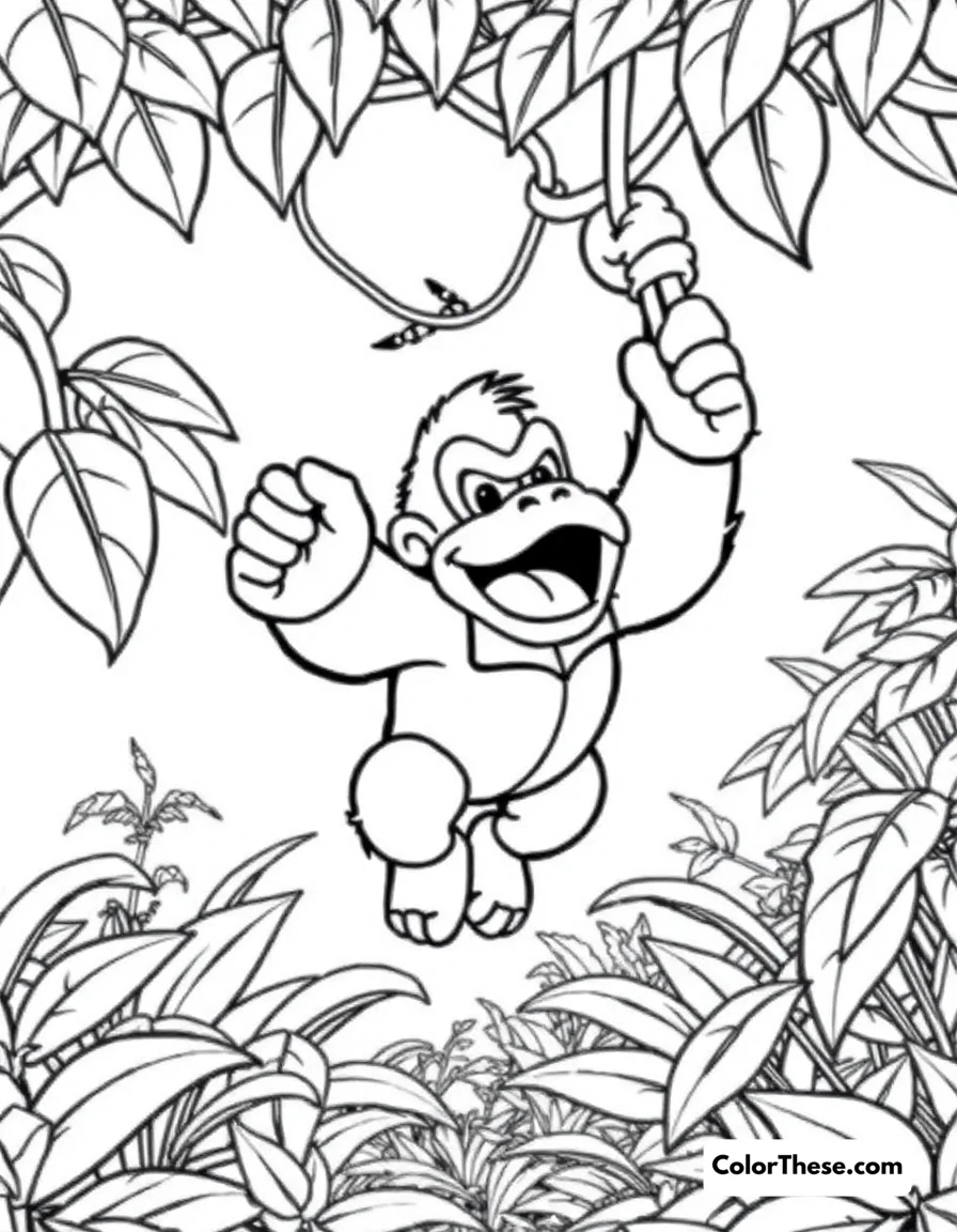 Free printable donkey kong swinging on a vine coloring page for kids and adults. Donkey Kong (Mario) swinging on a vine in the jungle.