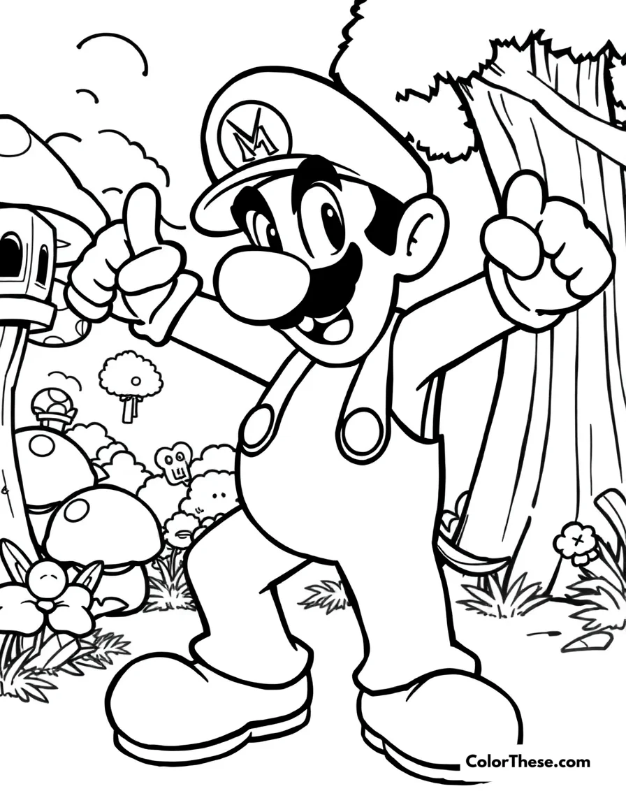 Free printable waluigi striking a pose coloring page for kids and adults. Waluigi (Mario) striking a dramatic pose in the Mushroom Kingdom.