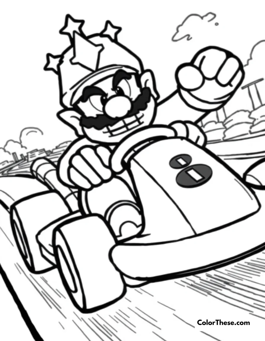 Free printable wario driving a kart coloring page for kids and adults. Wario (Mario) speeding in a kart on a race track.