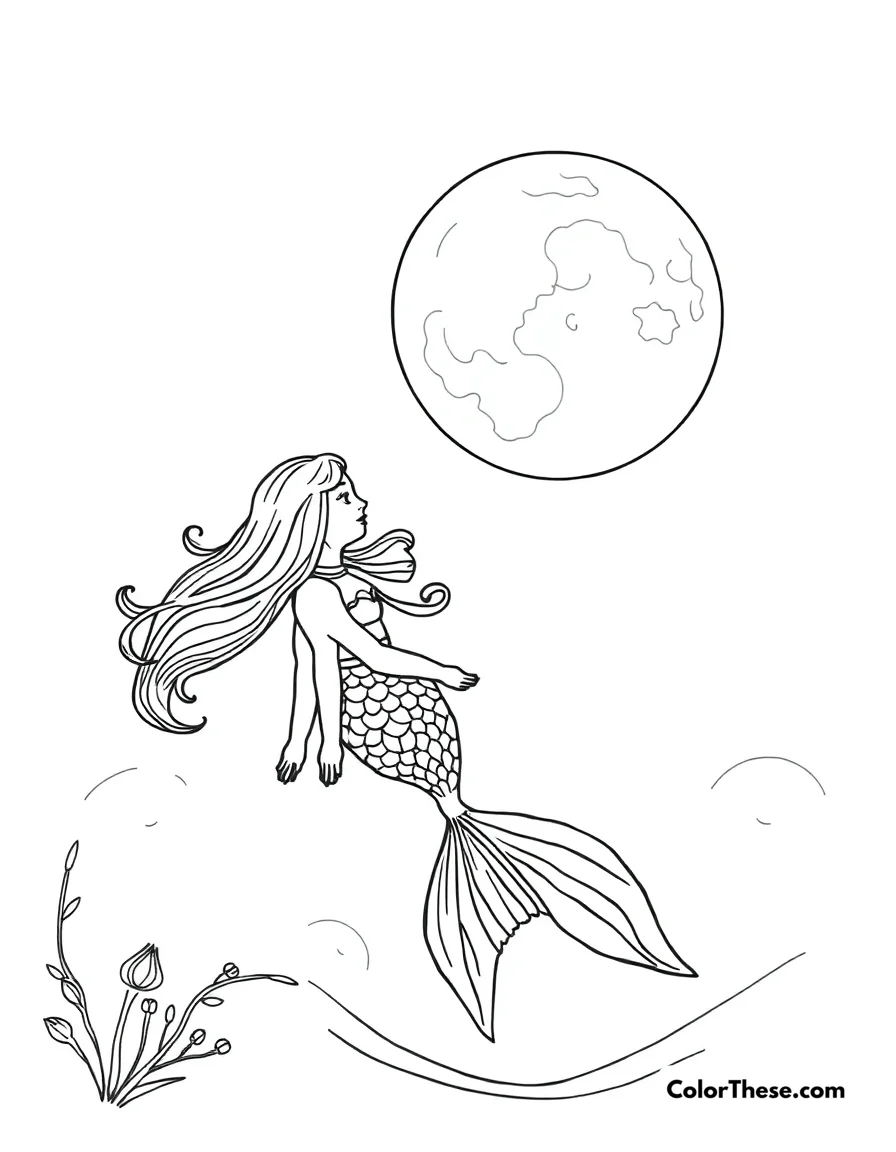 Free printable mermaid in a moonlit ocean coloring page for kids and adults. A mermaid swimming under the light of the moon.