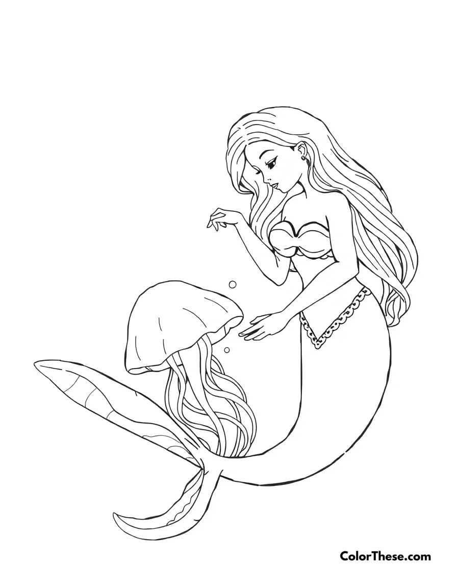 Free printable mermaid with a jellyfish coloring page for kids and adults. A mermaid gently interacting with a glowing jellyfish.