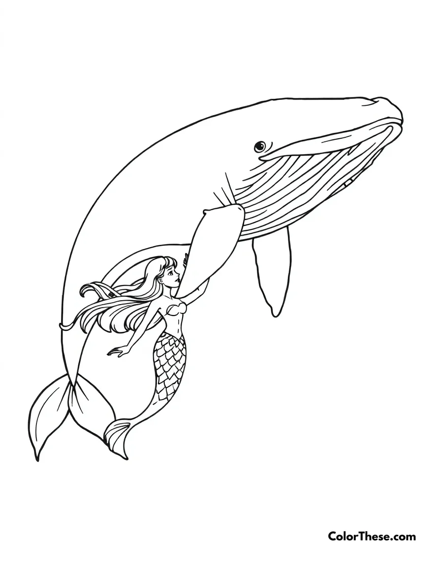 Free printable mermaid with a whale coloring page for kids and adults. A mermaid swimming alongside a majestic whale.