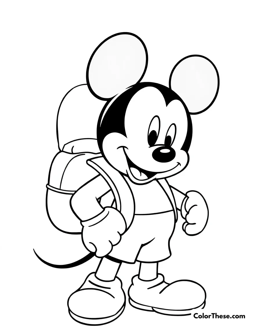 Free printable mickey mouse with a backpack coloring page for kids and adults. Mickey Mouse (Disney) wearing a backpack, ready for an adventure.