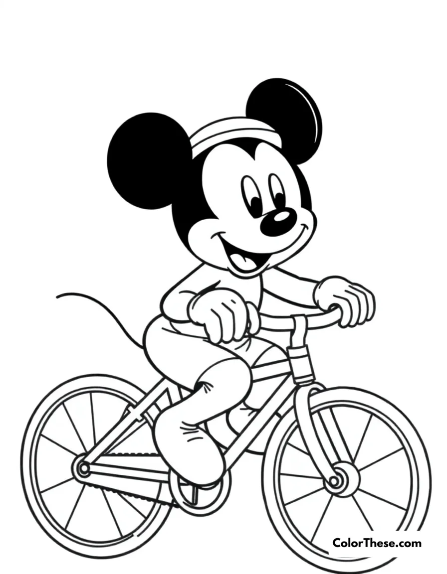 Free printable mickey mouse riding a bicycle coloring page for kids and adults. Mickey Mouse (Disney) riding a bicycle with a big smile.