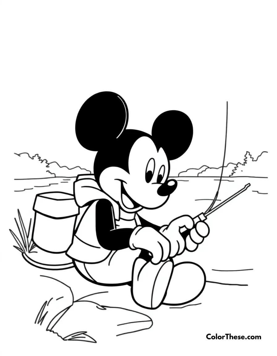 Free printable mickey mouse fishing coloring page for kids and adults. Mickey Mouse (Disney) sitting by a lake, fishing.