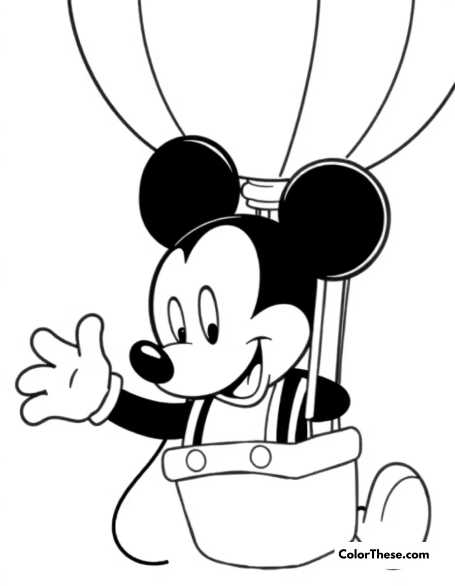 Free printable mickey mouse in a hot air balloon coloring page for kids and adults. Mickey Mouse (Disney) floating in a hot air balloon.