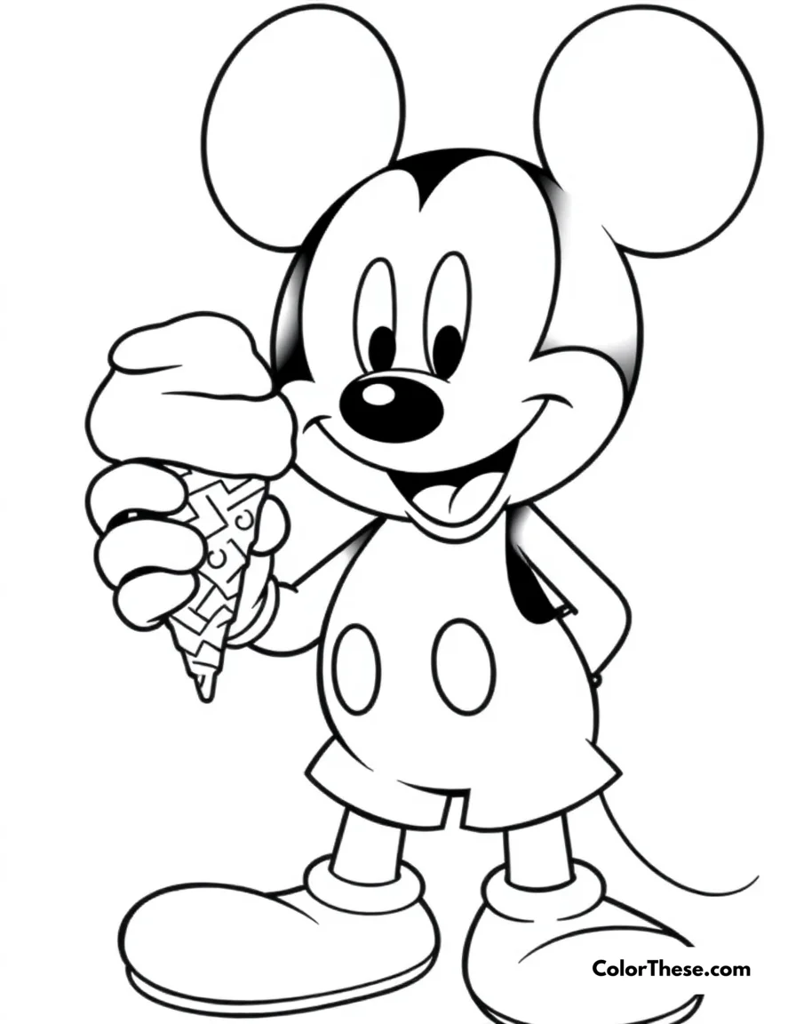 Free printable mickey mouse eating ice cream coloring page for kids and adults. Mickey Mouse (Disney) enjoying a delicious ice cream cone.