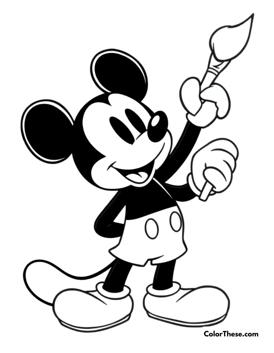 Free printable mickey mouse with a paintbrush coloring page for kids and adults. Mickey Mouse (Disney) holding a paintbrush, ready to create art.