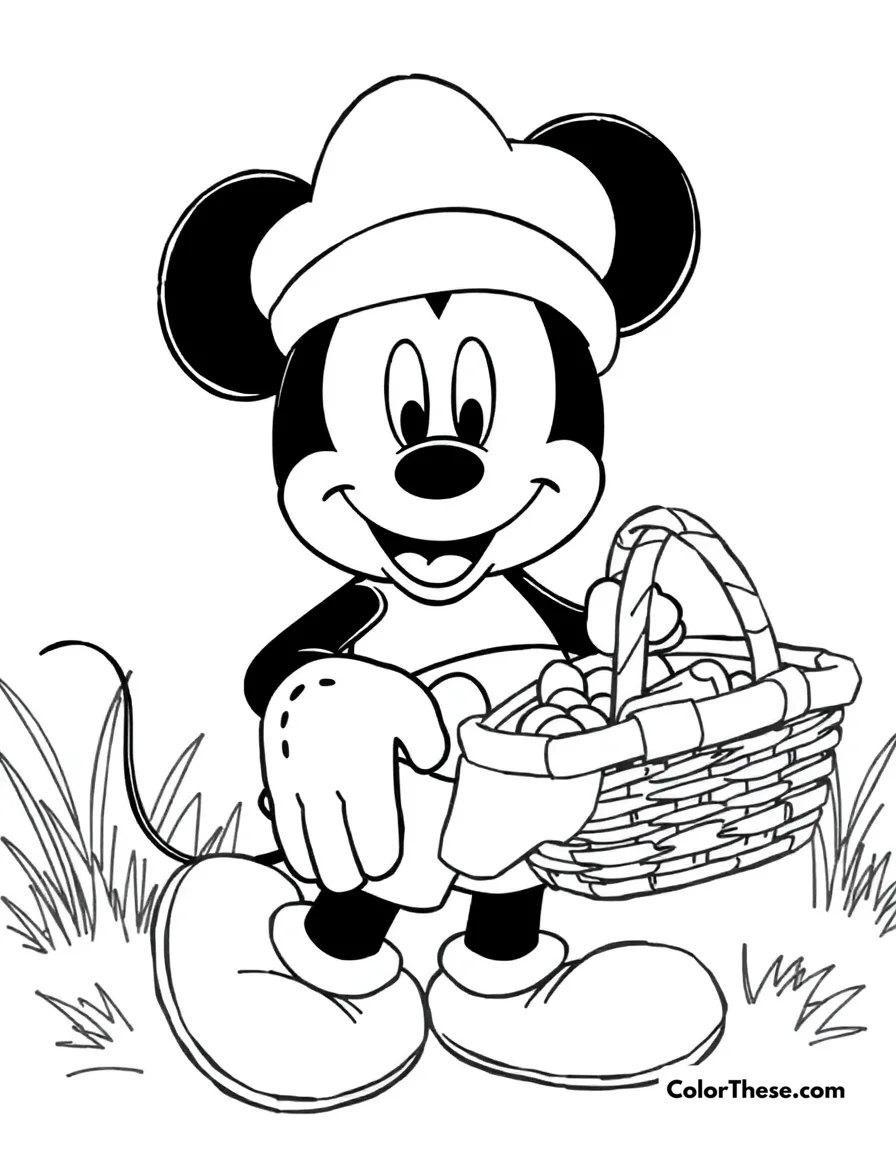 Free printable mickey mouse with a picnic basket coloring page for kids and adults. Mickey Mouse (Disney) holding a picnic basket, ready for a meal outdoors.