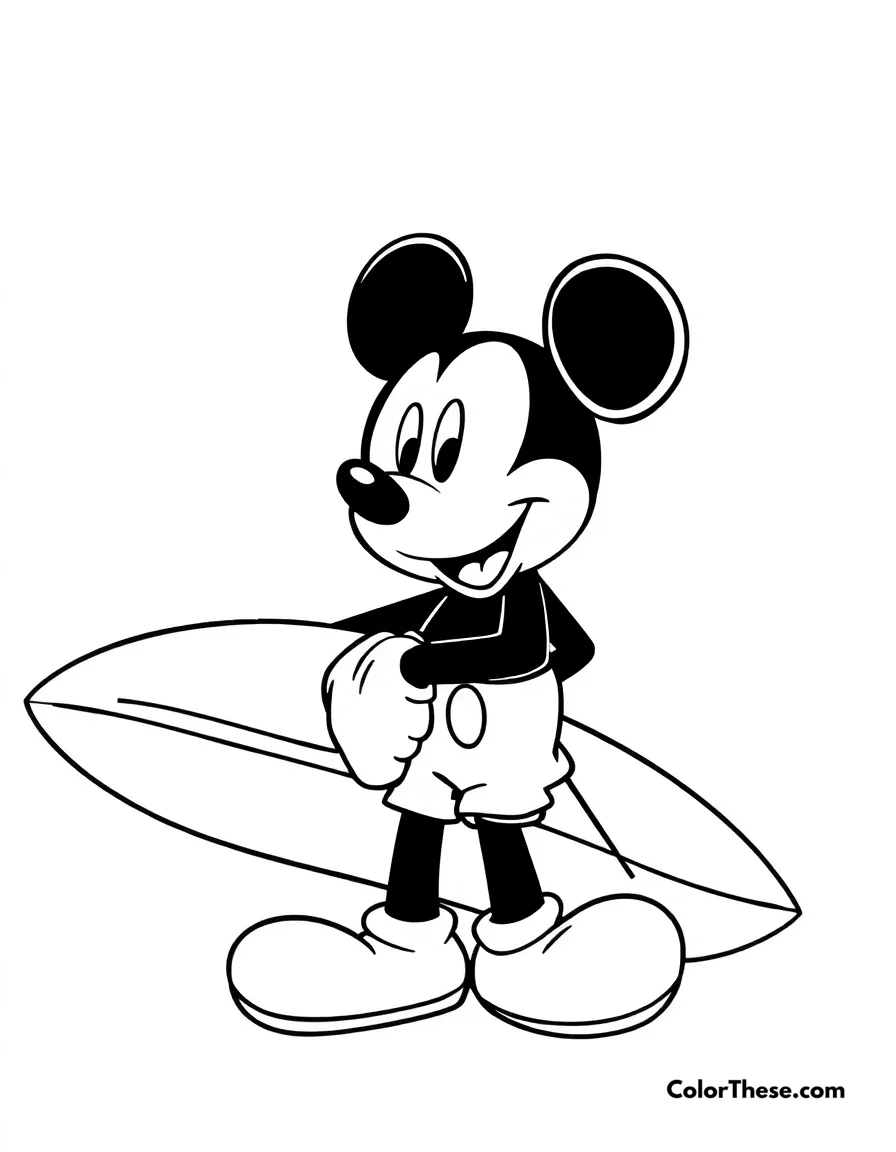 Free printable mickey mouse with a surfboard coloring page. Mickey Mouse (Disney) holding a surfboard, ready to hit the waves.