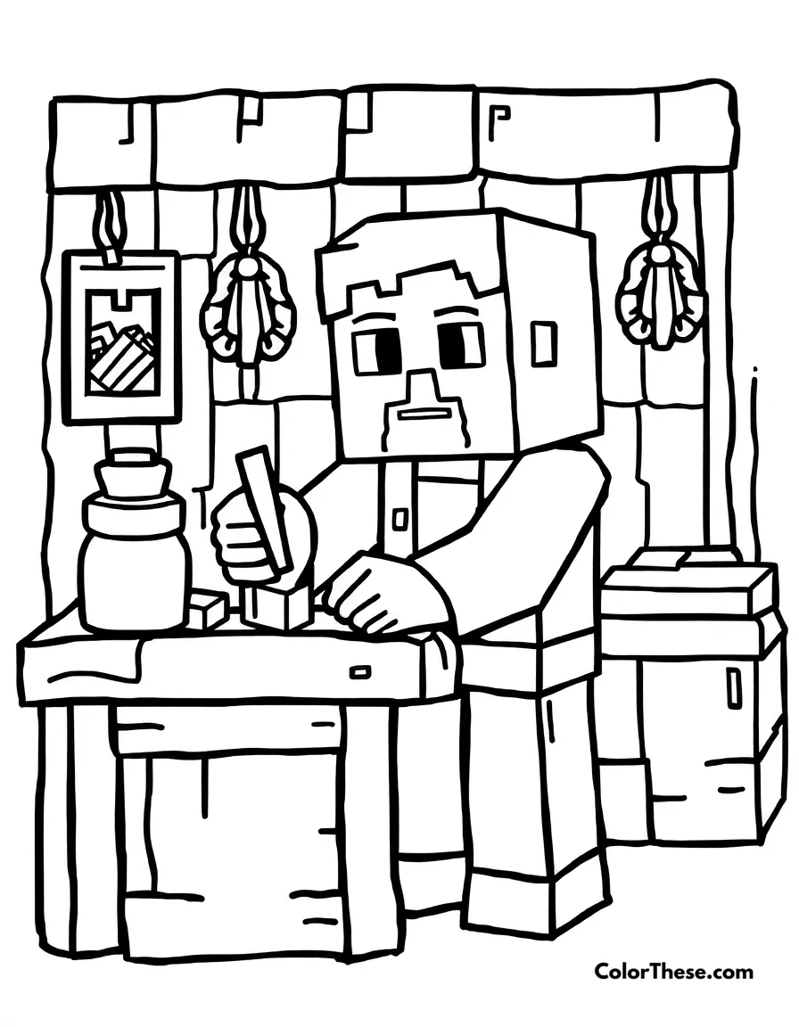 Free printable crafting table in action coloring page for kids and adults. A Minecraft (game) character using a crafting table to create items.