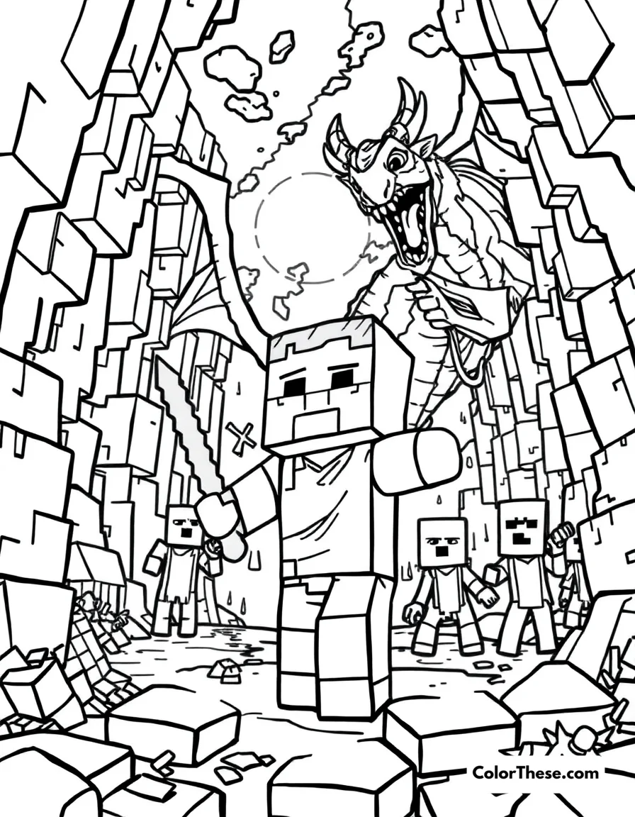 Free printable exploring the end dimension coloring page for kids and adults. A Minecraft (game) character exploring the End dimension with Endermen and an Ender Dragon.
