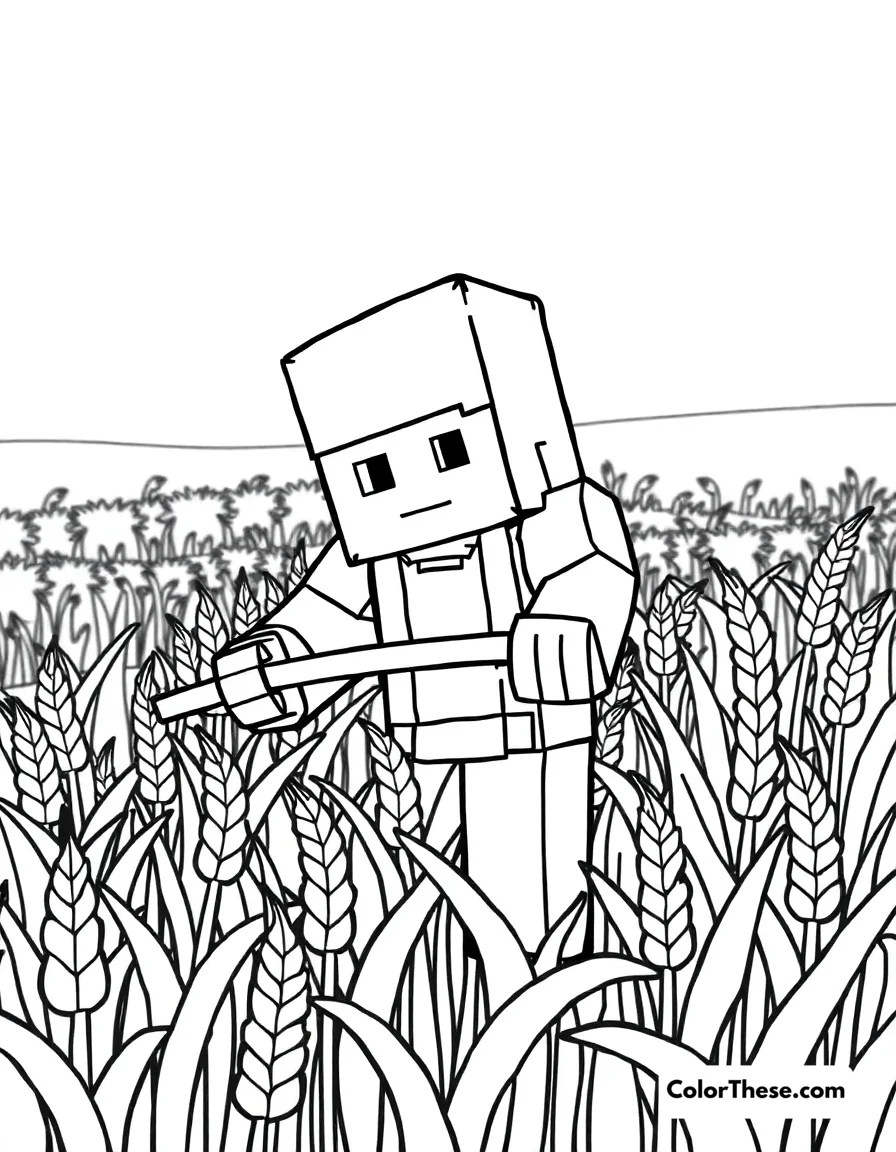 Free printable farming wheat coloring page for kids and adults. A Minecraft (game) character farming wheat in a field.
