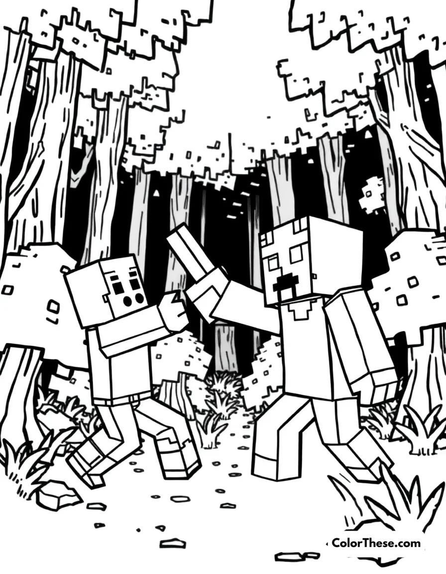 Free printable fighting an enderman coloring page for kids and adults. A Minecraft (game) character fighting an Enderman in a dark forest.