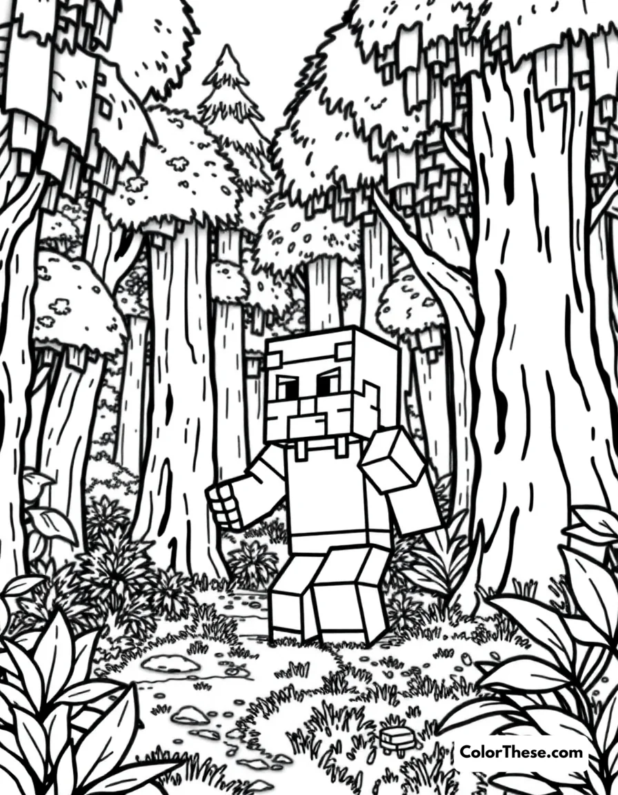 Free printable exploring a forest biome coloring page for kids and adults. A Minecraft (game) character exploring a lush forest biome.