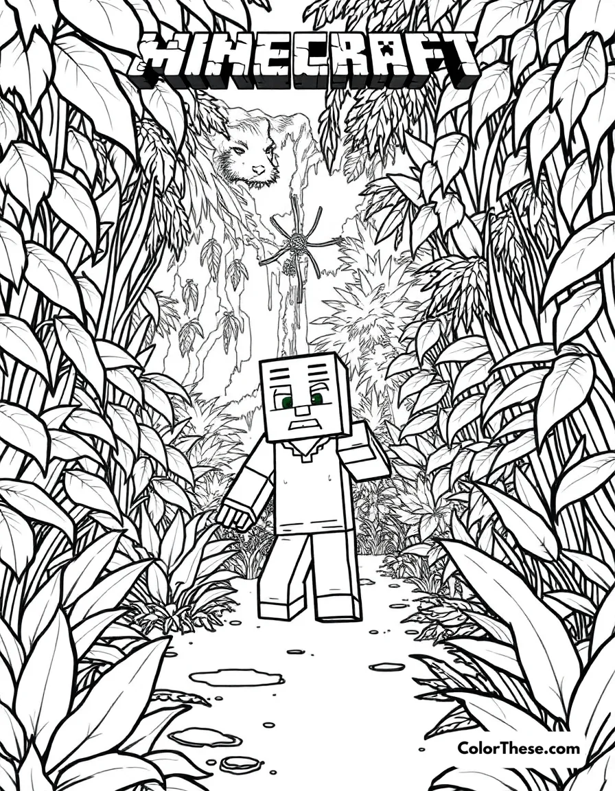 Free printable exploring a jungle biome coloring page for kids and adults. A Minecraft (game) character exploring a dense jungle biome.