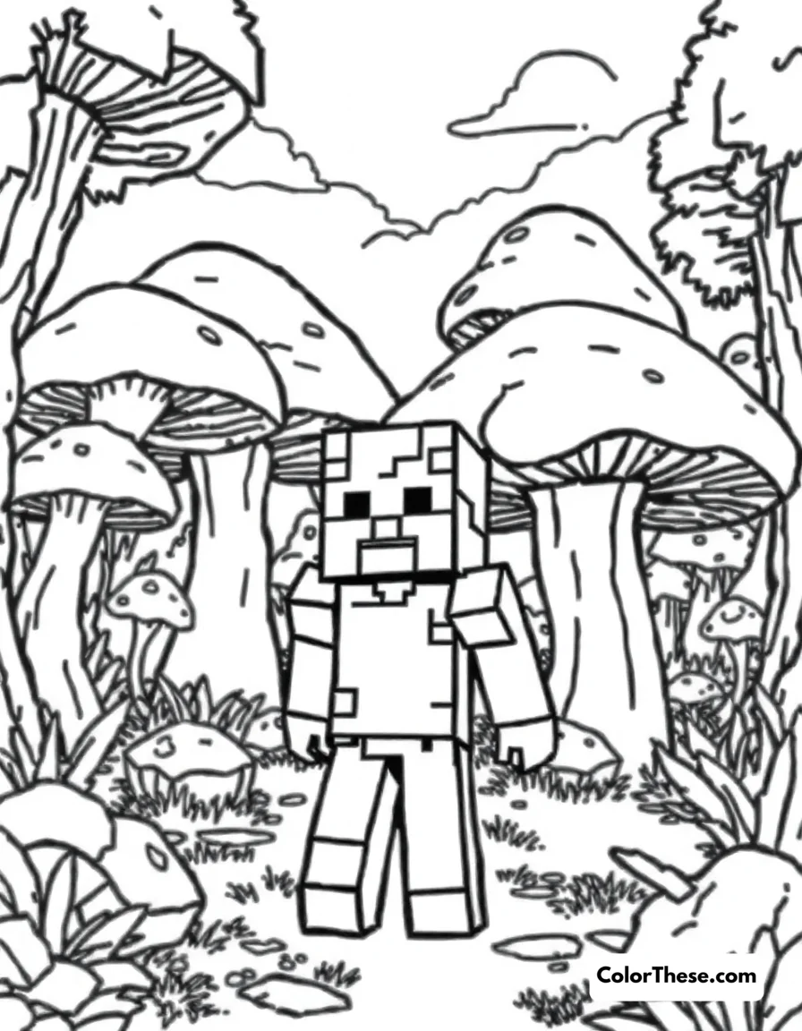 Free printable exploring a mushroom biome coloring page for kids and adults. A Minecraft (game) character exploring a mushroom biome with giant mushrooms.