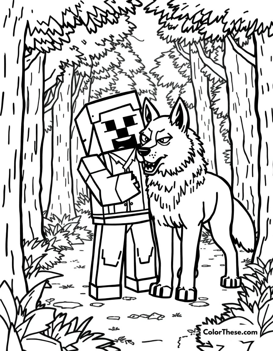 Free printable taming a wolf coloring page for kids and adults. A Minecraft (game) character taming a wolf in a forest.