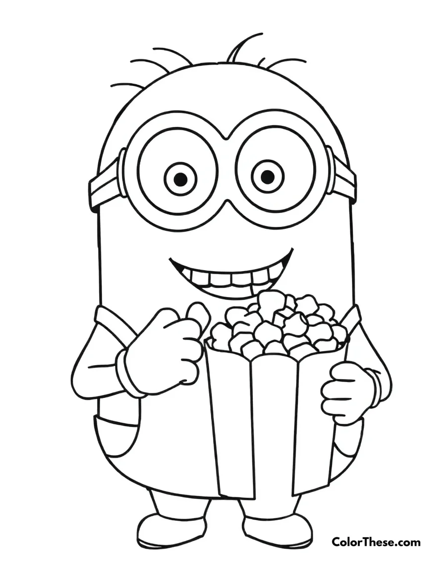 Free printable minion eating popcorn coloring page for kids and adults. A Minion (Despicable Me) eating popcorn and smiling.