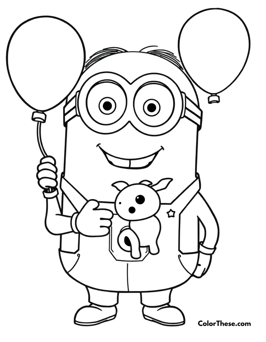 Free printable minion holding a balloon animal coloring page for kids and adults. A Minion (Despicable Me) holding a balloon animal and smiling.