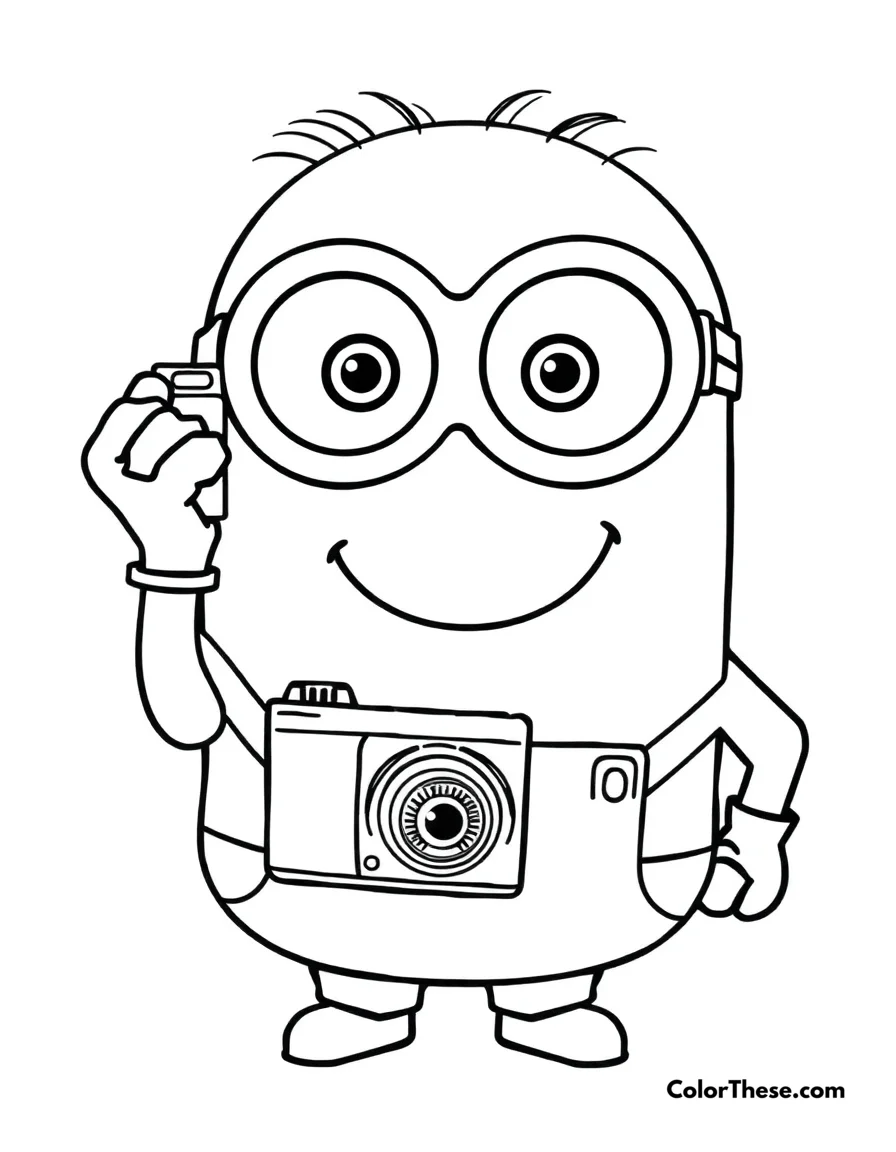 Free printable minion holding a camera coloring page for kids and adults. A Minion (Despicable Me) holding a camera and smiling.