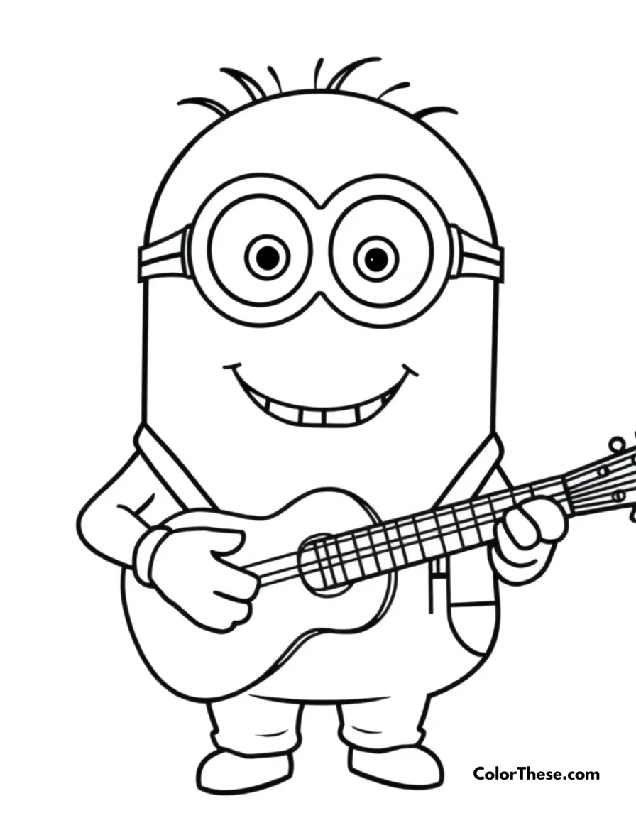 Free printable minion playing a guitar coloring page for kids and adults. A Minion (Despicable Me) playing a guitar and smiling.