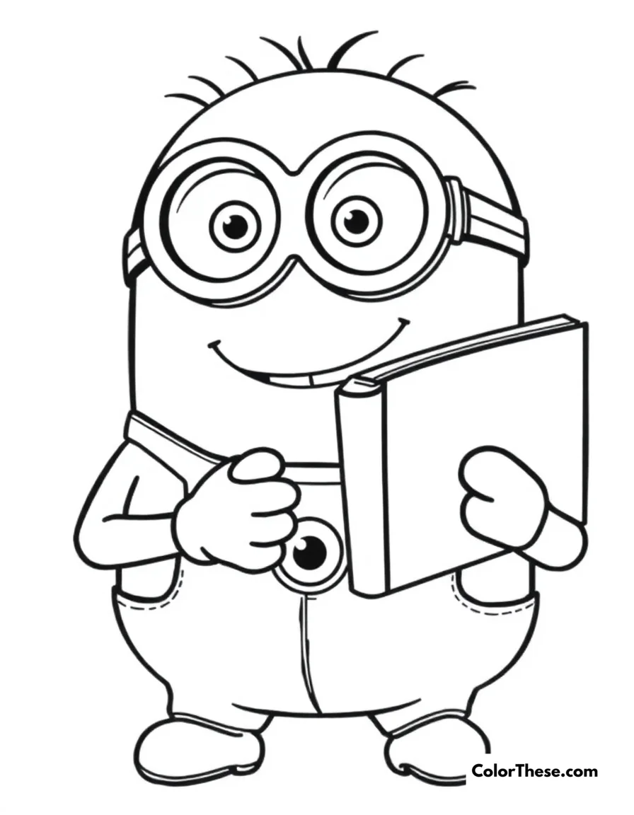 Free printable minion reading a book coloring page for kids and adults. A Minion (Despicable Me) reading a book and smiling.