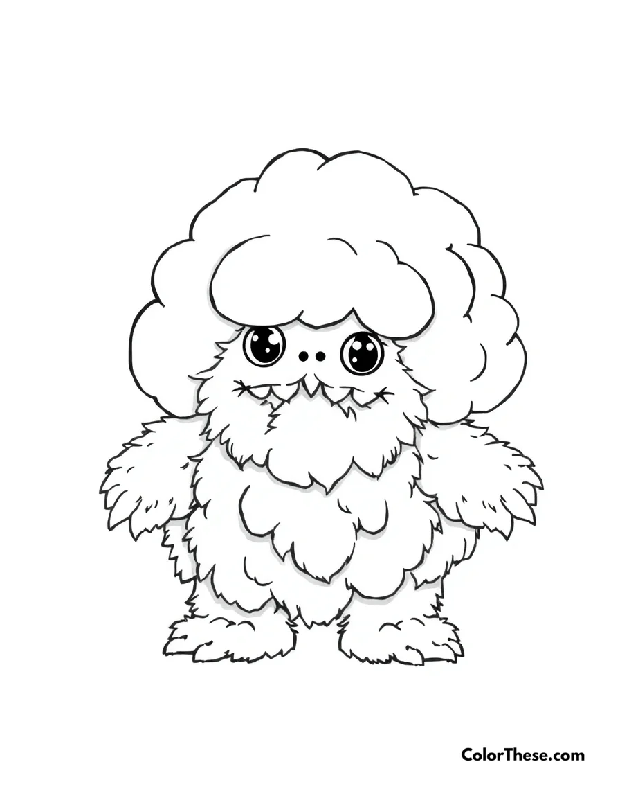 Free printable cloud monster coloring page for kids and adults. A fluffy monster made of clouds.
