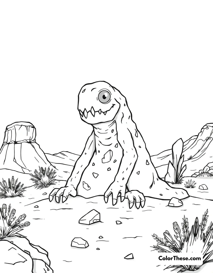 Free printable desert monster coloring page for kids and adults. A monster made of sand and rocks in the desert.