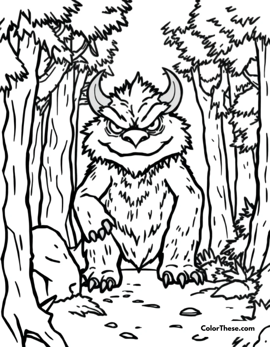 Free printable forest guardian monster coloring page for kids and adults. A monster guarding a forest with a protective expression.