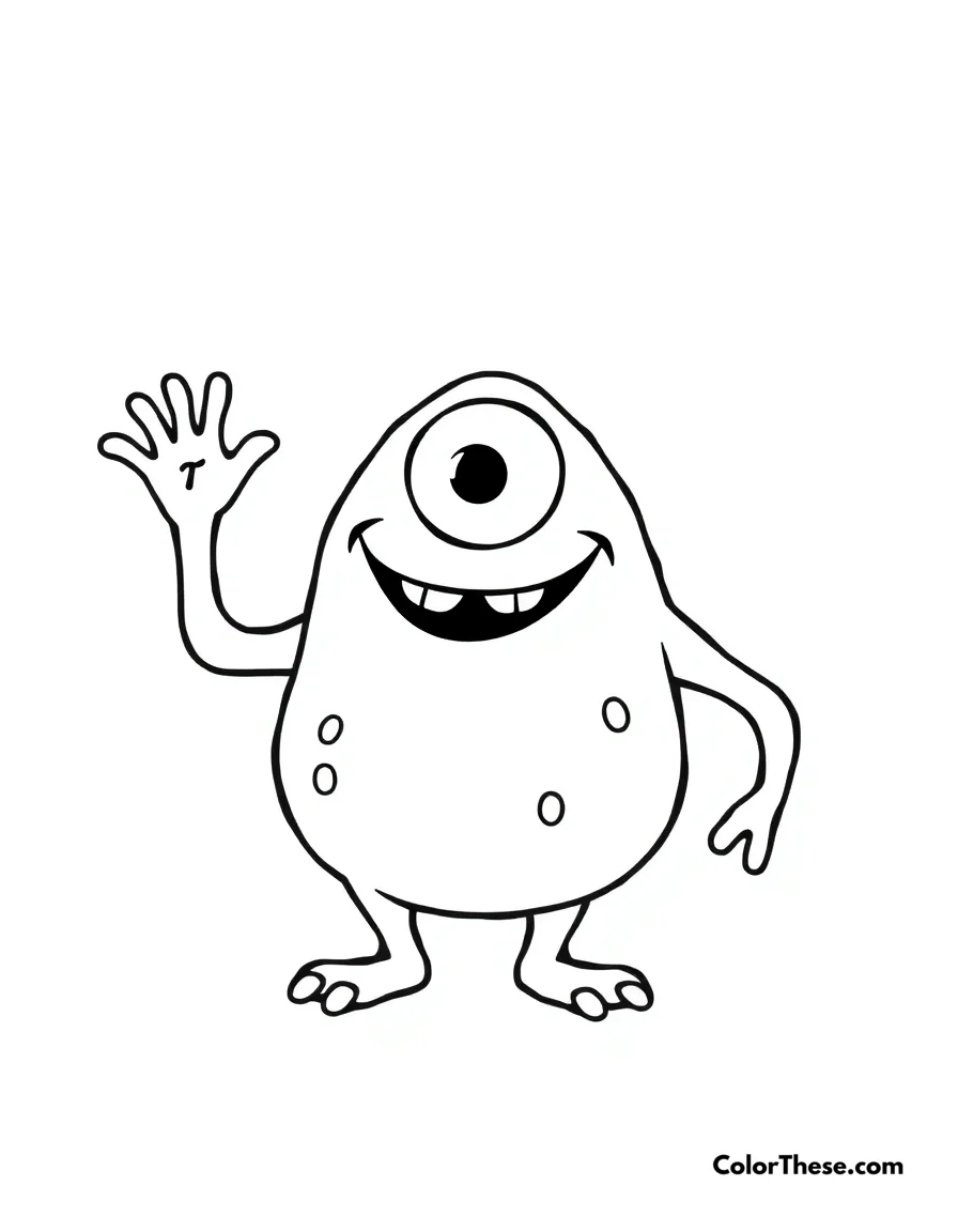 Free printable friendly one-eyed monster coloring page for kids and adults. A friendly one-eyed monster waving and smiling.