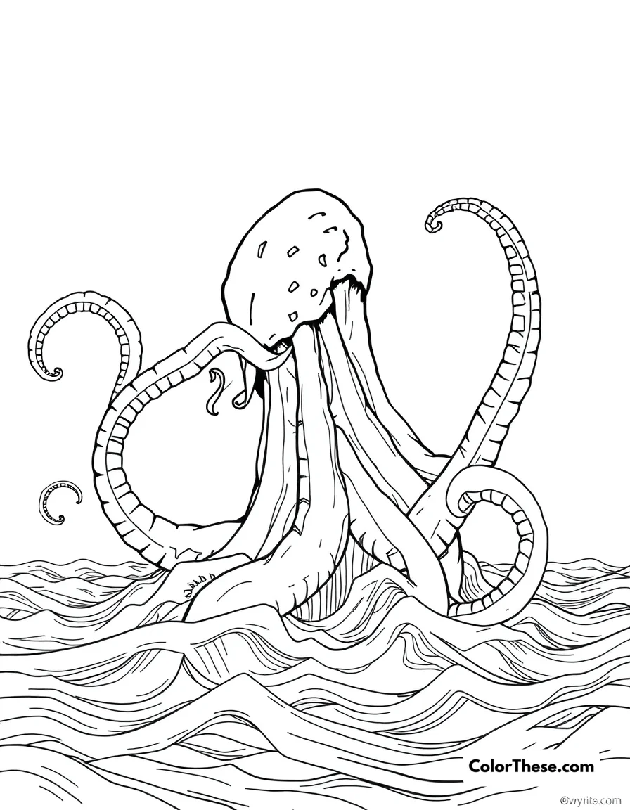 Free printable giant tentacle monster coloring page for kids and adults. A giant tentacle monster rising from the ocean.