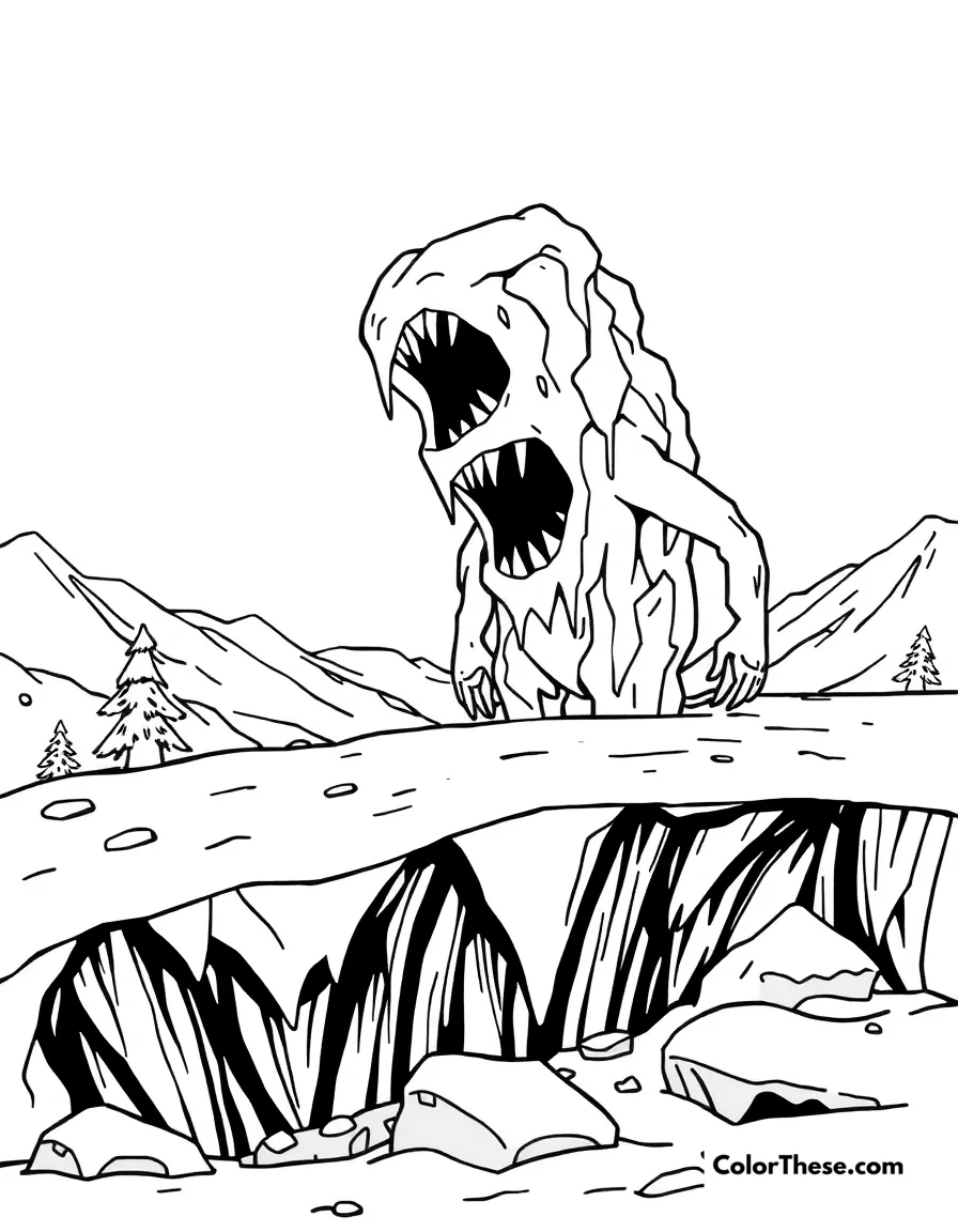 Free printable ice monster coloring page for kids and adults. A monster made of ice in a snowy landscape.