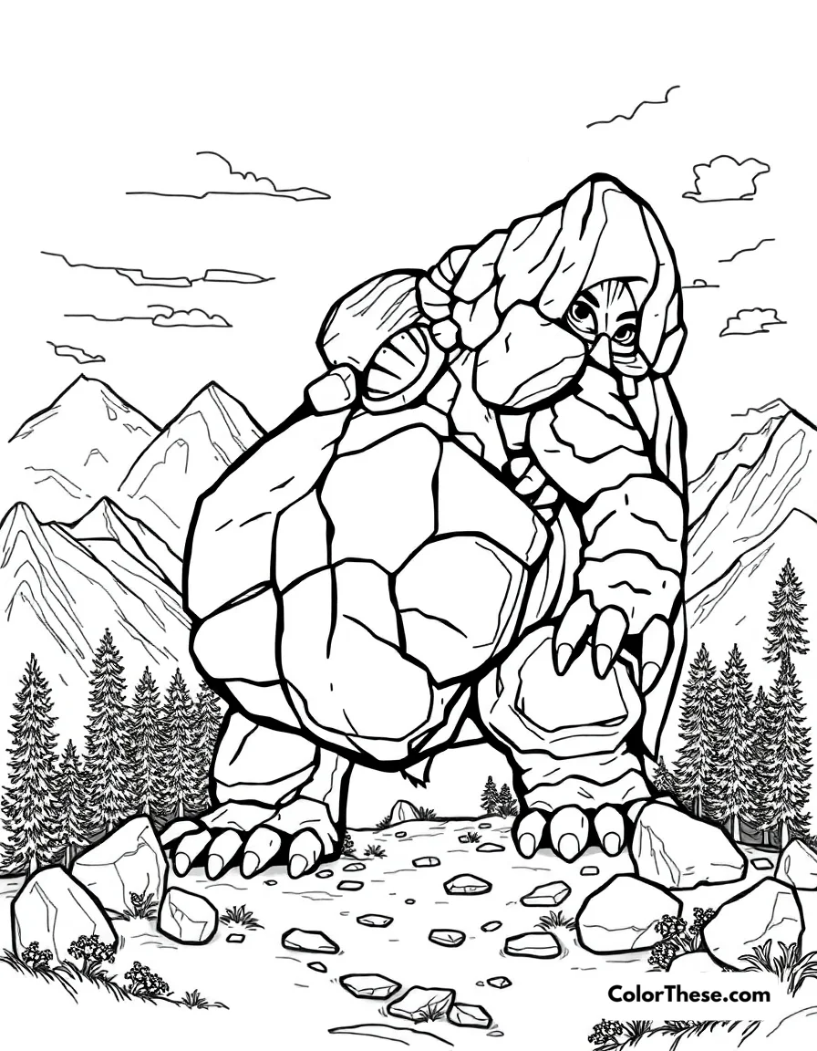 Free printable mountain monster coloring page for kids and adults. A monster made of rocks and boulders in a mountain landscape.