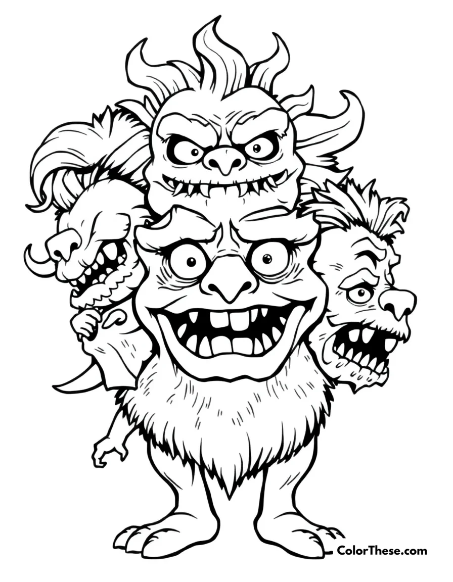Free printable multi-headed monster coloring page for kids and adults. A multi-headed monster with different expressions.