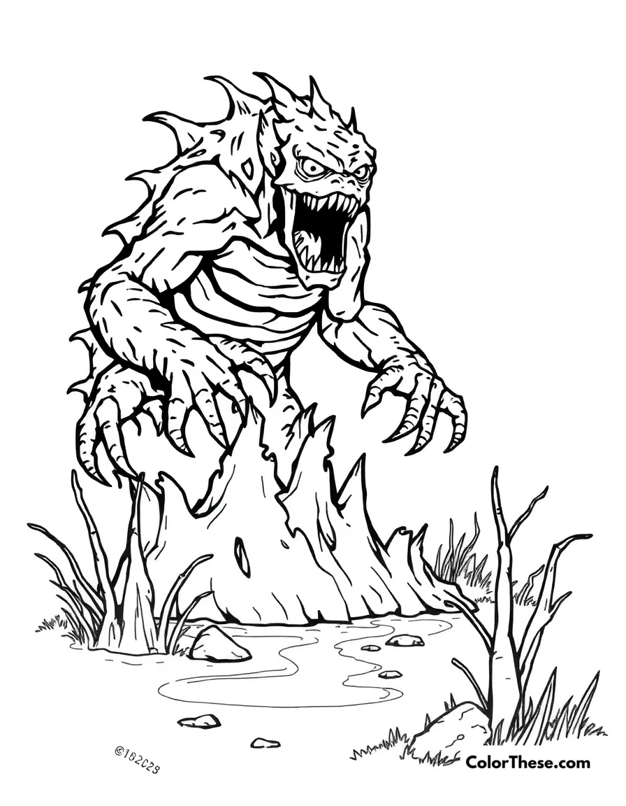 Free printable swamp monster coloring page for kids and adults. A monster rising from a swamp.